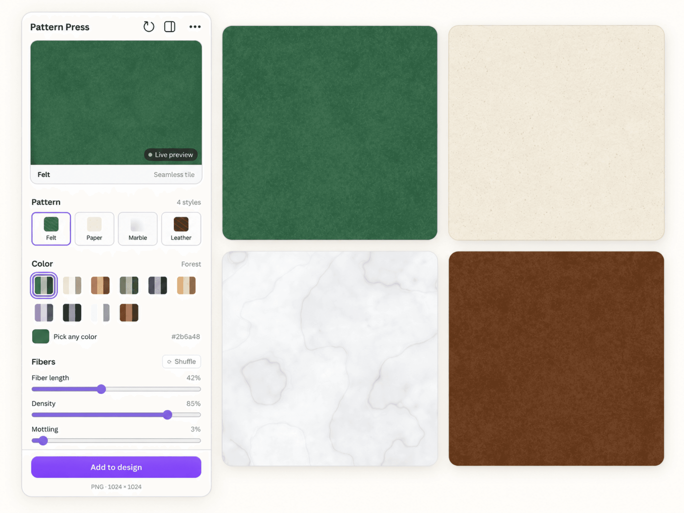 Pattern Press interface next to felt, paper, marble, and leather texture samples